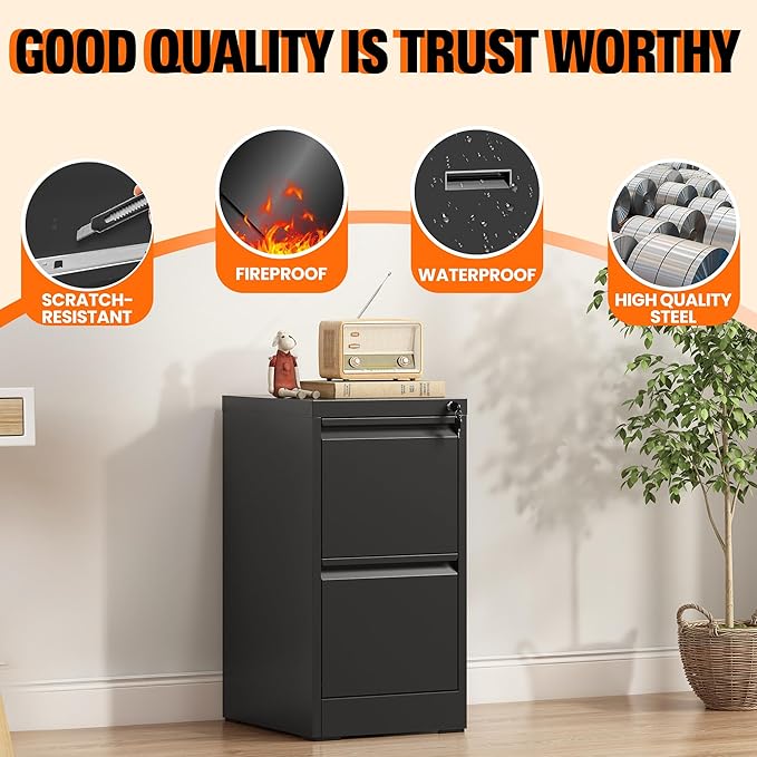 2-Drawer Locking Vertical File Cabinet, Metal Storage Cabinet for Office/Home – Secure Vertical Filing for Letter/Legal/A4/F4 Documents, Easy to Assemble Steel Cabinet, Black (Black, 2 Drawer-28 H)