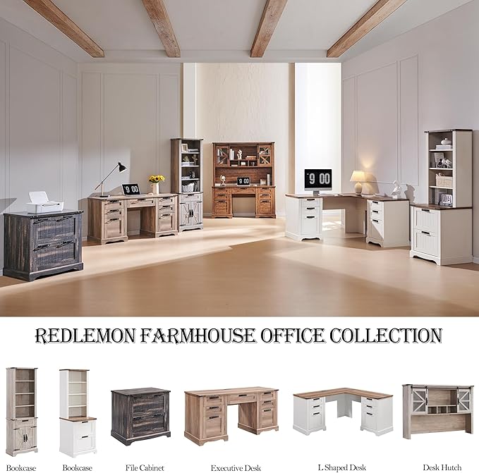 RedLemon 60" Farmhouse L Shaped Desk with Hutch, Wood Home Office Executive Desk with Drawer, Charging Station, File Drawer, Storage Cabinet, Rustic Writing Computer Desk (Light Rustic Oak)