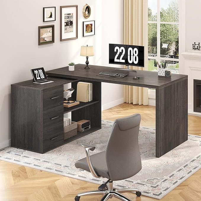 HSH L Shaped Computer Desk with Drawers, 360 Rotating L Shape Desk with Storage Cabinet Shelves, Industrial Home Office Desk for Executive Writing Study Work, Dark Wood Table Swivel Desk, Gray 55 Inch