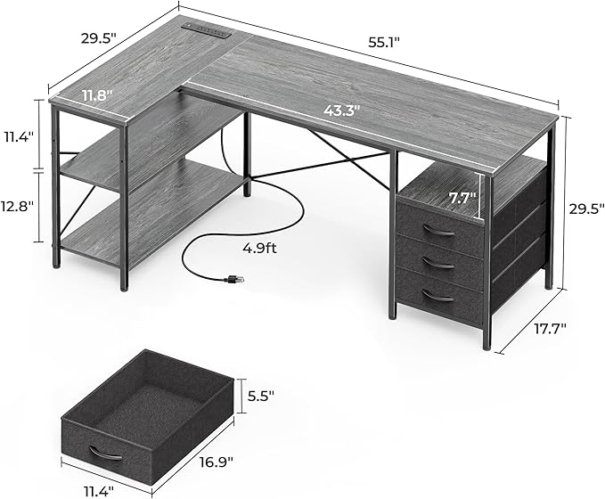 Huuger L Shaped Office Desk with Power Outlets, 55 Inch Computer Desk with 3 Drawers, Shelves, Reverisble for Gaming Corner Work Home Office Study, Grey