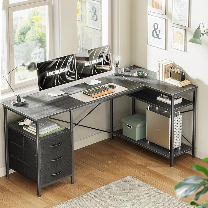 Huuger L Shaped Office Desk with Power Outlets, 55 Inch Computer Desk with 3 Drawers, Shelves, Reverisble for Gaming Corner Work Home Office Study, Grey