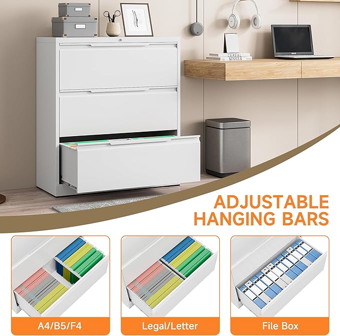 Coolsun Lateral File Cabinet, 3 Drawer File Cabinet with Lock, Wide Filing Cabinet for Home Office, Metal Locking Cabinet for Hanging A4/F4/Letter/Legal, Assembly Required (White, 3 Drawer)