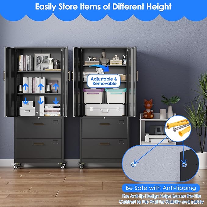 METAN Metal File Cabinet with 2 Drawers and 2 Shelves,Office Filing Cabinet on Wheels with Lock,Office Storage for Letter/Legal Size,Assembly Required,Black