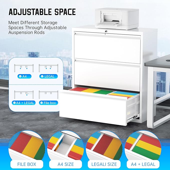 Greenvelly 3 Drawer Filing Cabinet, White Lateral File Cabinet with Lock, Lockable Metal File Cabinet for Home Office, Office File Cabinets for Legal/Letter/A4/F4 Size
