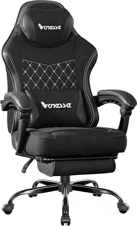 Vonesse Gaming Chair, Computer Chair Fabric with Pocket Spring Cushion, Office Chair with Footrest and Massage Lumbar Support, Reclining Gaming Chairs for Adults 250LBS (Black)