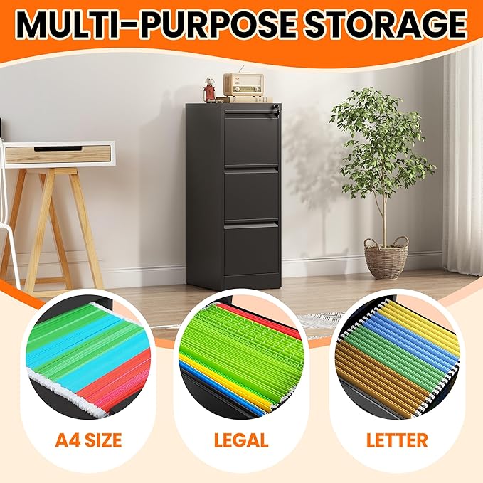 3-Drawer Locking Vertical File Cabinet, Metal Storage Cabinet for Office/Home – Secure Vertical Filing for Letter/Legal/A4/F4 Documents, Easy to Assemble Steel Cabinet, Black (Black, 3 Drawer-40"H)