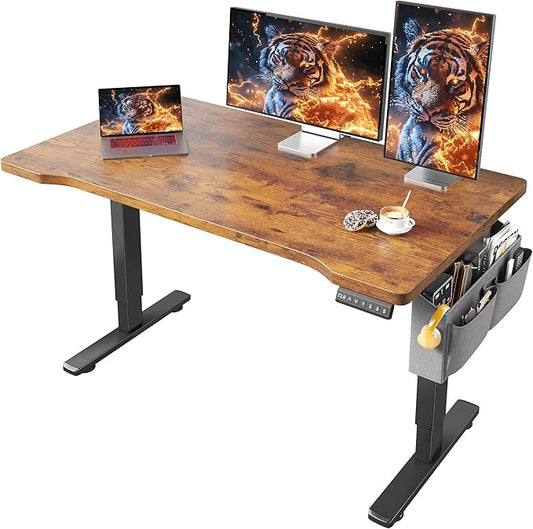 EnHomee 48 Inch Electric Standing Desk, 3 Adjustable Height Stand up Desk for Home Office, Height Adjustable Desks with Detachable Side Mount Pocket, Headphone Hook, Light Strip, Computer Desk, Brown