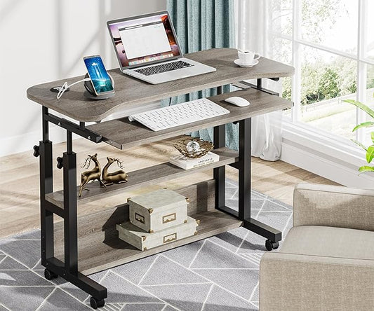 Tribesigns Portable Desk with Power Outlets, Height Adjustable Side Table Sofa Couch Bedside Laptop Computer Cart with USB Charging Ports, Mobile Small Standing Desk with Keyboard Tray