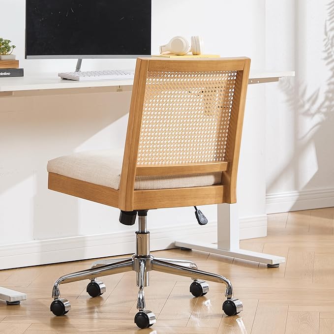 Rattan Desk Chair Linen Fabric Upholstered Computer Office Chair, 360° Swivel Work Chair with Wheels Comfortable Armless Chair for Home Office Study Studio, Beige