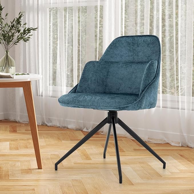 Mid-Century Modern Swivel Accent Chair, Upholstered Armless Desk Chair, No-Wheel Vanity Chair with Metal Legs for Home Office & Bedroom (Blue)