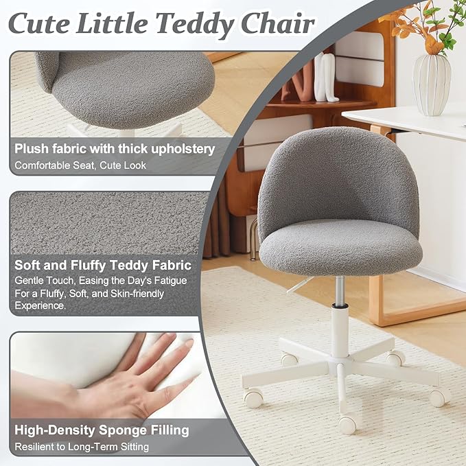 VINGLI Candy Chair Armless Cute Desk Chair,Comfy Small Office Chair with Wheels,Vanity Chair with Lumbar Support,Teddy Adjustable Rolling Swivel Computer Task Chair for Home Office,Bedroom,Muted Grey