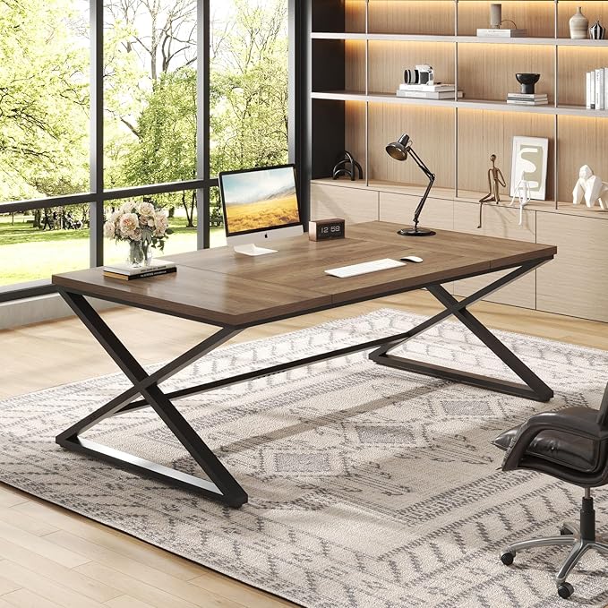 IBF Wood Large Computer Desk, 70.8” Long Home Office Desk for Two Person, Farmhouse Work Study Writing Table in Bedroom, Simple Wide Metal Executive Double PC Gaming Workstation, Rustic Oak