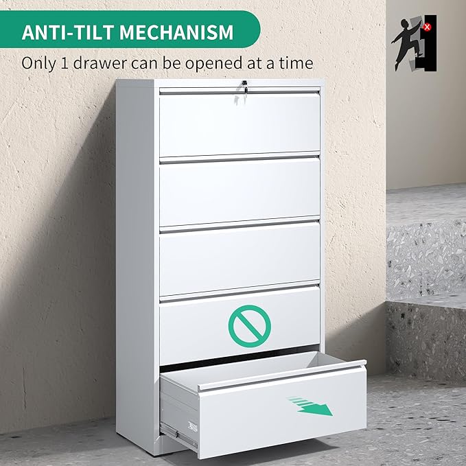 5 Drawer Lateral File Cabinets with Lock Office Filing Cabinet Steel Storage Cabinet Wide Horizontal Filing Metal Cabinets for Files Legal/Letter/A4 Size Assembly Required Assembly Required