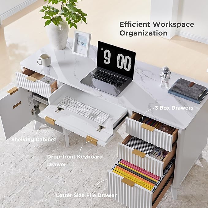 T4TREAM 60'' Fluted Executive Desk with Drawers, Modern Home Office Computer Desk with Charging Station, Keyboard Tray, File Drawer and Storage Cabinet for Study, Living Room, Bedroom, Solid White
