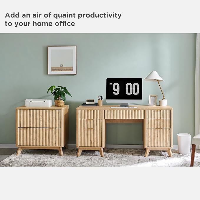 T4TREAM 60'' Fluted Executive Desk with Drawers, Modern Home Office Computer Desk with Charging Station, Keyboard Tray, File Drawer and Storage Cabinet for Study, Living Room, Bedroom, Natural Oak