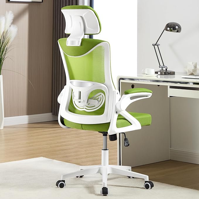 Fizzin Ergonomic Office Chair,Ergonomic Desk Chair with Headrest Mesh Computer Chair with High Back Adjustable Lumbar Support, Rolling Swivel Chairs with Wheel Armrests for Home Office (Green)