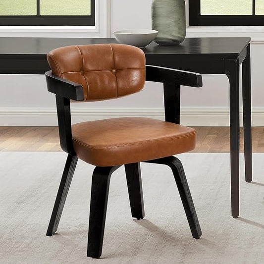 Zouron Wooden Dining Chair, Mid Century Modern Desk Chair No Wheels, Upholstered Faux Leather Accent Armchair with Wood Legs for Living Room Dining Room, 1 Pcs, Brown