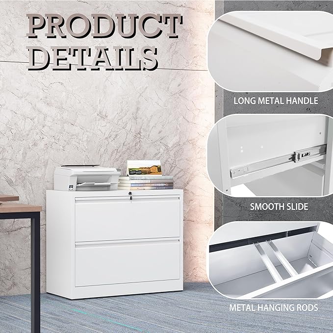 2 Drawer Lateral File Cabinet with Lock, File Cabinet, Metal Lateral Filing Cabinets for Home Office, File Storage Cabinet for Legal/Letter/A4 Documents, Assembly Required (White, 35'W)