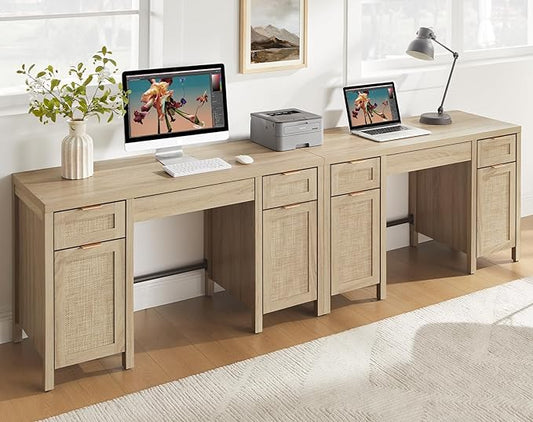 SICOTAS Rattan Executive Desk with Storage - Larger Home Office Desk with Drawers and Cabinets, Farmhouse Boho Computer Table Vanity Desk for Study, Office, Living Room, Light Oak (2 Pieces)