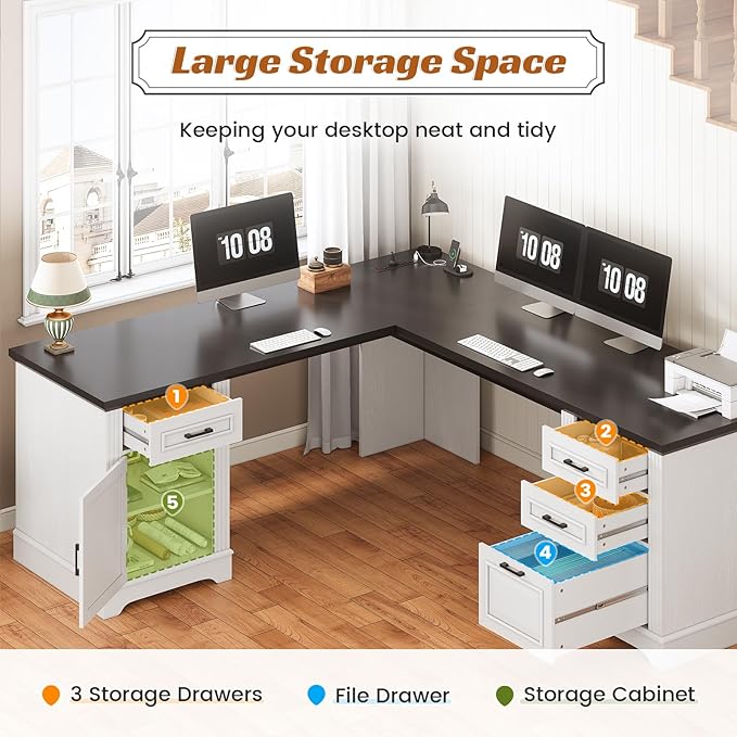 SEDETA Farmhouse 69" Executive L Shaped Desk, Home Office Desk with Drawers and Storage Cabinet & Power Outlet, Corner Computer Desk, White