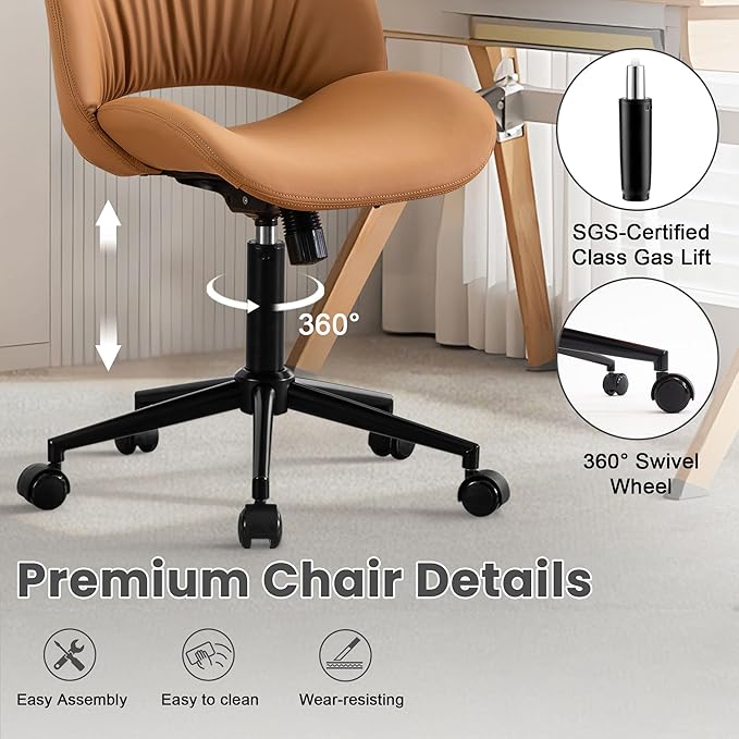 Rowill Armless Office Desk Chair, Ergonomic PU Leather Modern Task Chair with Back Adjustable Height, 360° Swivel Vanity Chairs with Wheels for Small Space, Home Office, Bedroom, Mustard Yellow