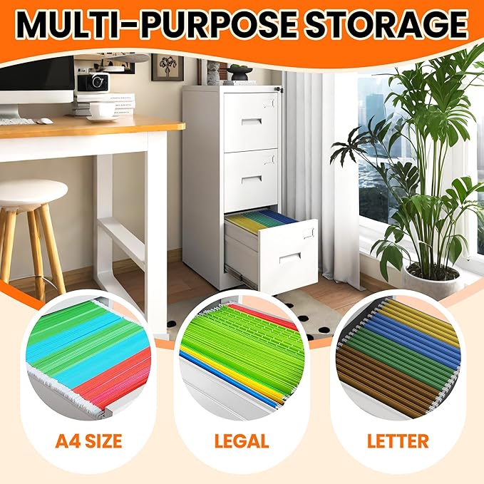 3-Drawer Locking Vertical File Cabinet, Metal Storage Cabinet for Office/Home – Secure Vertical Filing for Letter/Legal/A4/F4 Documents, Easy to Assemble Steel Cabinet, White