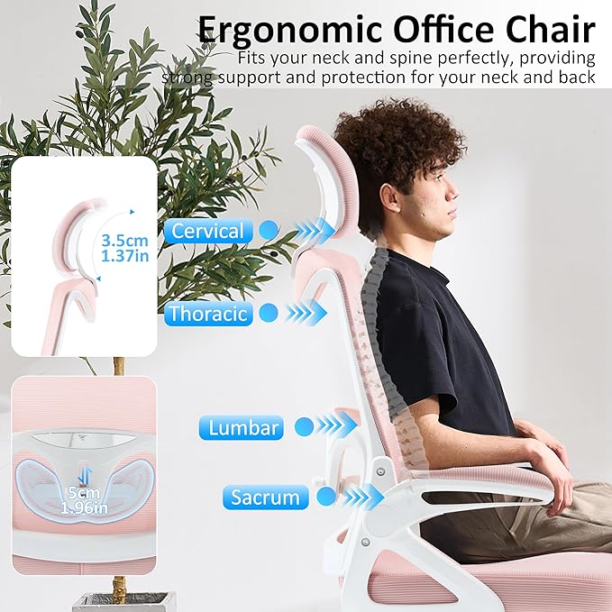 Fizzin Ergonomic Office Chair,Ergonomic Desk Chair with Headrest Mesh Computer Chair with High Back Adjustable Lumbar Support, Rolling Swivel Chairs with Wheel Armrests for Home Office(Pink)