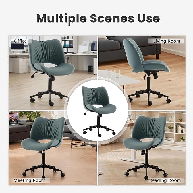 Rowill Armless Office Desk Chair, Ergonomic PU Leather Modern Task Chair with Back Adjustable Height, 360° Swivel Vanity Chairs with Wheels for Small Space, Home Office, Bedroom, Grayish Green