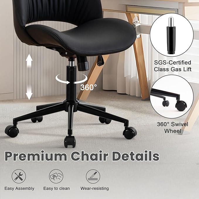 Rowill Armless Office Desk Chair, Ergonomic PU Leather Modern Task Chair with Back Adjustable Height, 360° Swivel Vanity Chairs with Wheels for Small Space, Home Office, Bedroom, Black