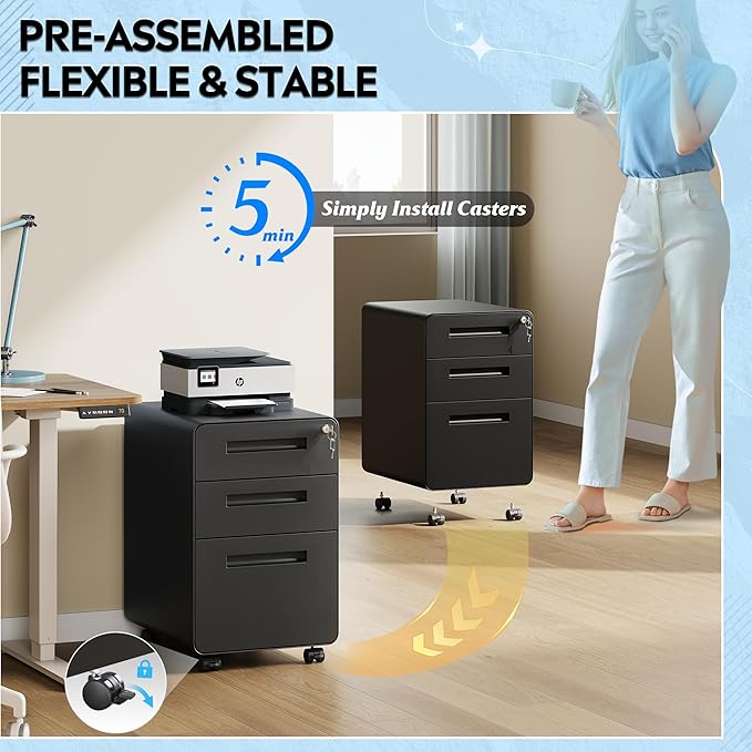 DEVAISE 3-Drawer File Cabinet, Thickened Metal Mobile Filing Cabinet with Lock, Under Desk Cabinet for Home Office, fits A4/Letter/Legal Size, Fully Assembled, 20" D x 15.8" W x 25" H, Black