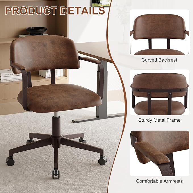BFZ Mid Century Retro Home Office Desk Chair with Back, Faux Leather Adjustable Height Rolling Swivel Computer Task Armrests Chair for Home Office, Brown