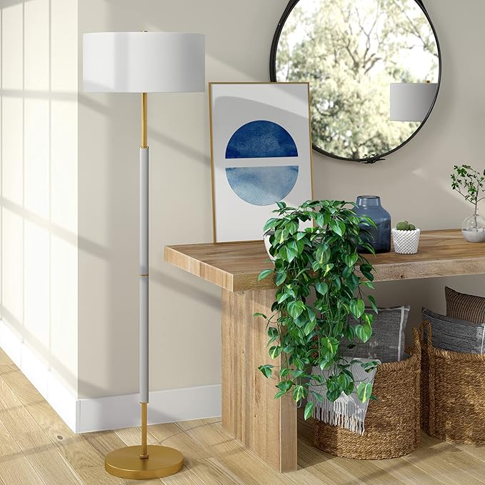 Henn&Hart 2-Light Floor Lamp with Fabric Shade in Cool Gray/Brass/White, Floor Lamp for Home Office, Bedroom, Living Room