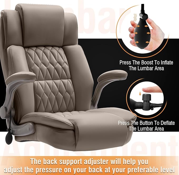 Large High Back Office Chair - Adjustable Lumbar Support Flip Up Arms Heavy Duty Quiet Wheels Metal Base Breathable Bonded Leather Ergonomic Executive Computer Desk Chair with Storage Bags, Khaki