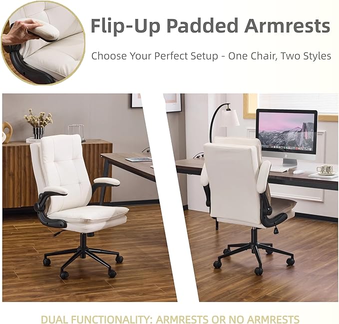 VINGLI Comfy White Leather Office Desk Chair, High-Back Support Ergonomic Computer Task Gaming Chair,with Removable wheels,360° Swivel,Adjustable Height,Flip-Up Arms,for Adults,Teen,Vanity,Home Office