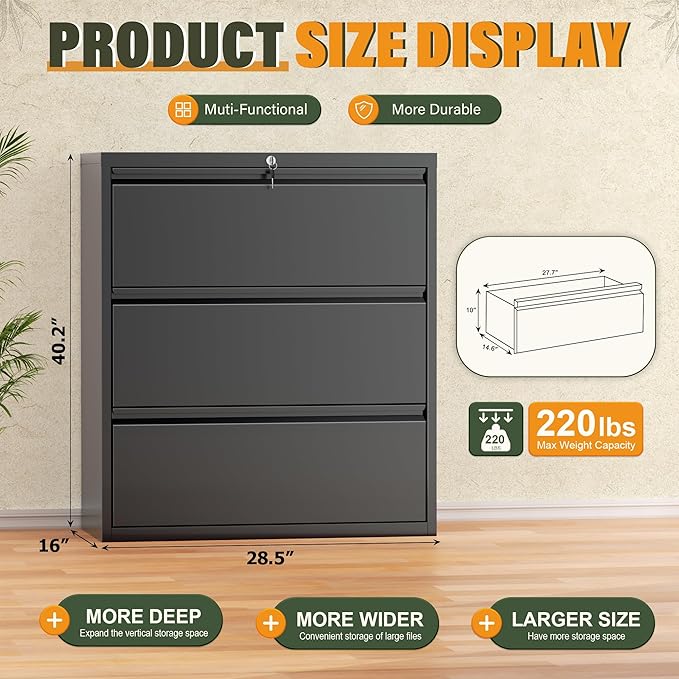 Greenvelly Lateral File Cabinet 3 Drawer, Lockable Metal Filing Cabinet for Home Office, Black Metal File Cabinet with Lock for Legal/Letter/A4/F4 Size with Hanging Bars&Key