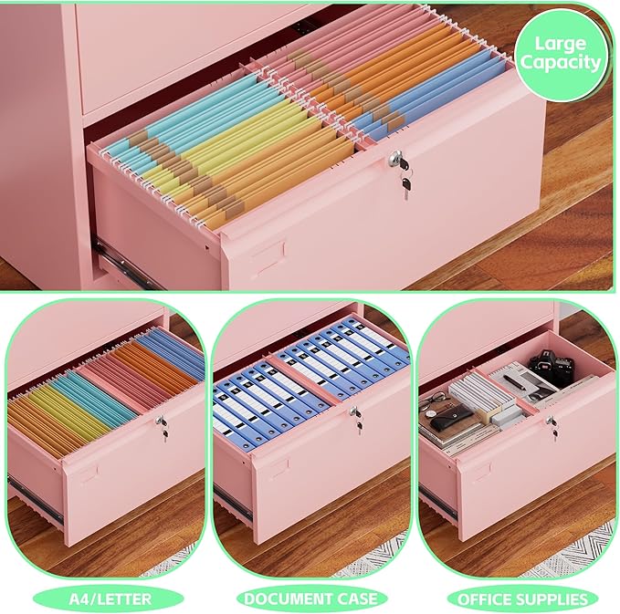 SUXXAN 2 Drawer File Cabinet, Lateral Filing Cabinet with 2 Locks for Home Office, Black File Cabinets with Business Card Holder for Letter/Legal/F4/A4 Hanging Files