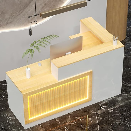 L-shaped Reception Desk, Solid Wood Reception Desk with Counter, Check out Stand with Lockable Drawer & Cabinet, Retail Checkout Counter for Office, Store, Beauty Salon (L-Shaped-Light Walnut-L, 63in)