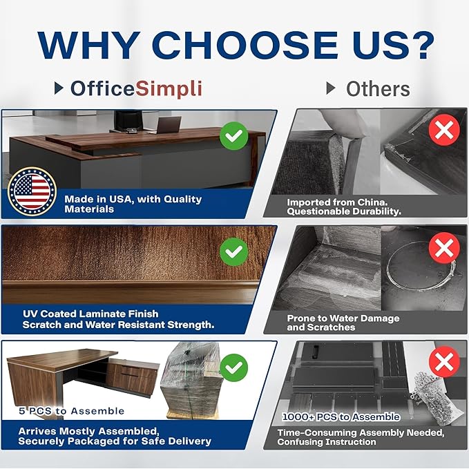 OfficeSimpli Modern L Shaped Executive Desk, 84x72x30 Inch - Made in USA – Ships Mostly Assembled – Home Office Workstation & Business Furniture, Large CEO Desk Table with Cabinets & Lockable Drawers