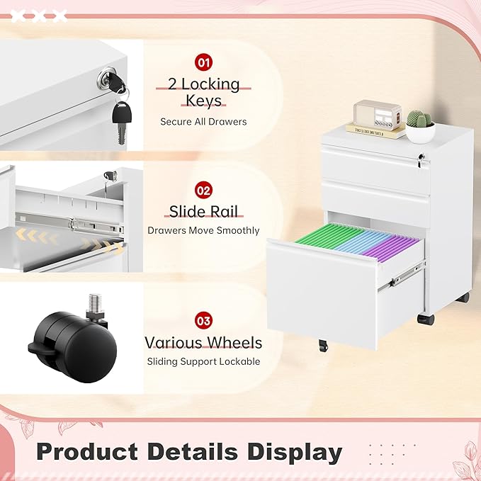 Superday White 3 Drawer Mobile Locking File Cabinet, Metal Rolling Vertical Filing Cabinet with Drawers, Small Under Desk File Cabinets for Office and Home, Fully Assemble