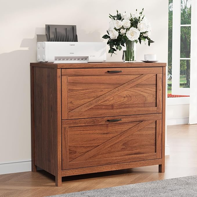 VOWNER 2 Drawer Farmhouse File Cabinet, Filing Cabinet with Printer Stand, Fit A4, Letter Size, Hanging File Folders for Home Office, Walnut