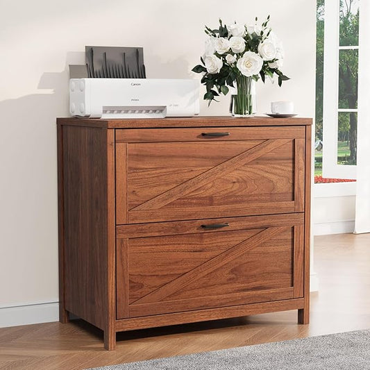 VOWNER 2 Drawer Farmhouse File Cabinet, Filing Cabinet with Printer Stand, Fit A4, Letter Size, Hanging File Folders for Home Office, Walnut