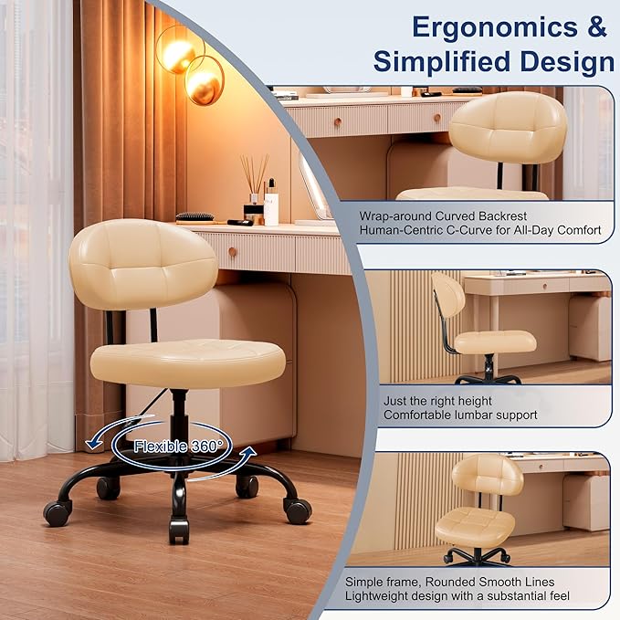 Misolant Vanity Chair with Back, Small Armless Cute Office Chair with Wheels and Lumbar Support, Comfy PU Leather Desk Computer Chairs with Adjustable Height, 360° Swivel for Home Bedroom, Khaki