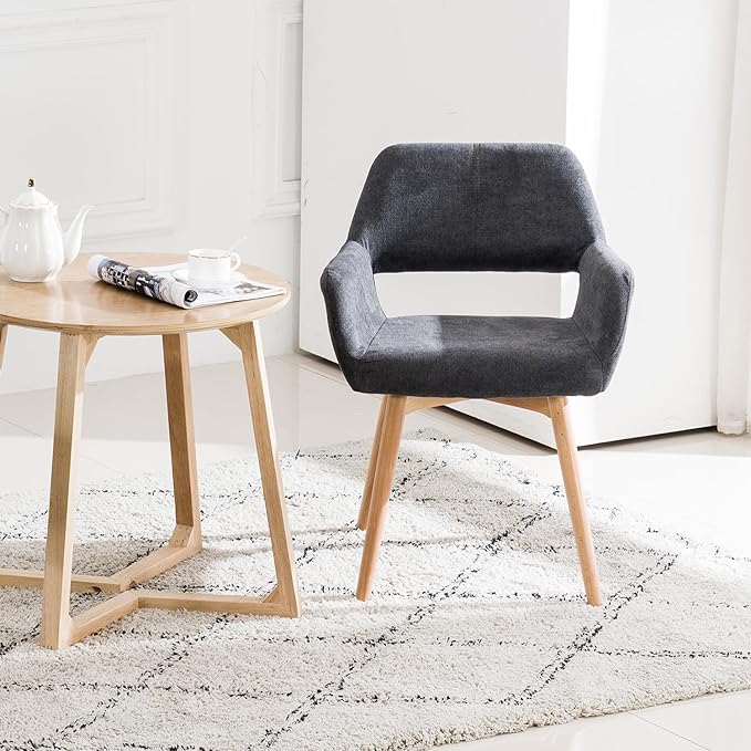 Desk Chair No Wheels Vanity Chair Comfy Accent Chair for Living Dining Room Bedroom Home Office Mid Century Modern Upholstered Armchair with Wood Legs (Charcoal, 1)