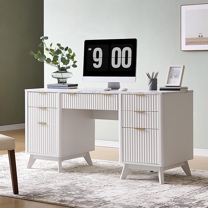T4TREAM 60'' Fluted Executive Desk with Drawers, Modern Home Office Computer Desk with Charging Station, Keyboard Tray, File Drawer and Storage Cabinet for Study, Living Room, Bedroom, Solid White