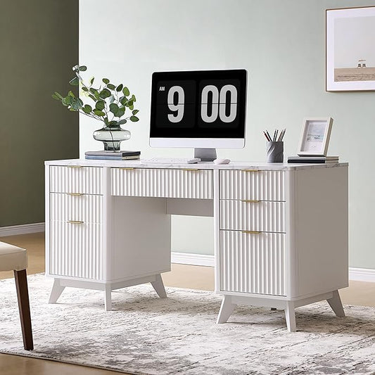 T4TREAM 60'' Fluted Executive Desk with Drawers, Modern Home Office Computer Desk with Charging Station, Keyboard Tray, File Drawer and Storage Cabinet for Study, Living Room, Bedroom, Solid White