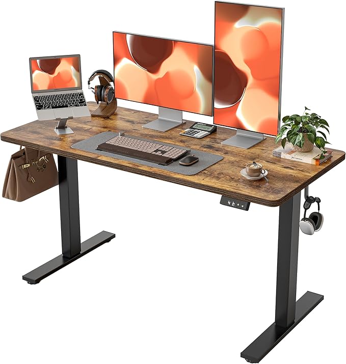 Standing Desk 55 x 24 inch, Electric Height Adjustable with Splice Board, Stand Up Desk, Sit Stand Desk Computer Desk for Home Office, Black Frame/Rustic Brown Top