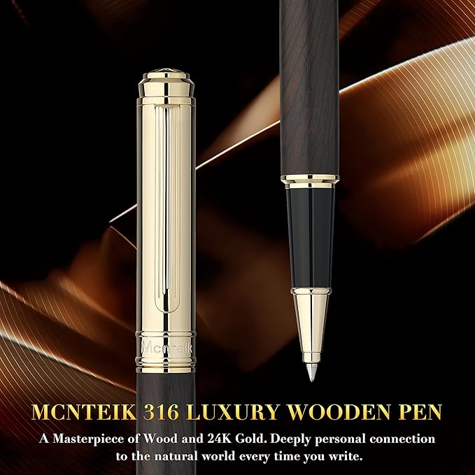 316 Luxury Journaling Pen, Nice Natural Wood for Writing, 24K Gold Accents, Schmidt refill, Fancy Rollerball, Wooden Gift Set for Men & Women, Executive & Graduation Work Christmas Pens-Blackwood