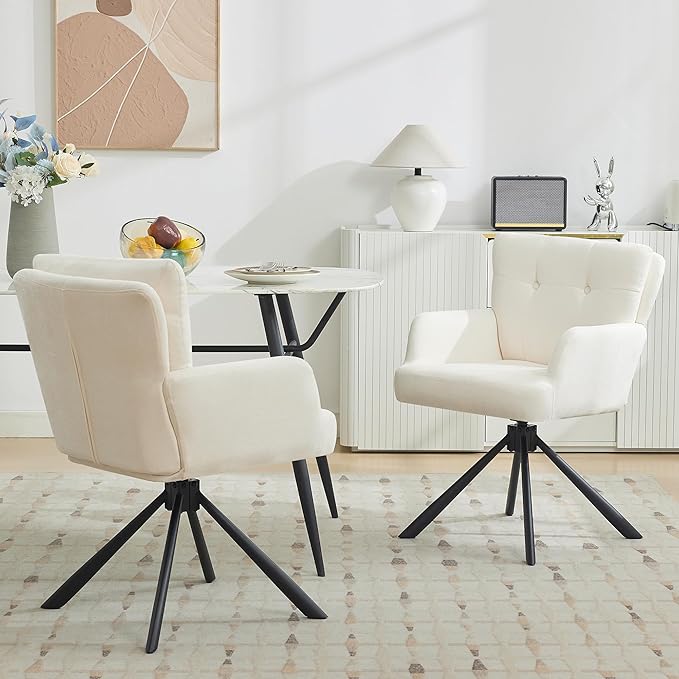 Fabric Dining Chair Set of 2 Modern Upholstered Swivel Dining Room Chairs Comfy Accent Armchair with Mid Back, Desk Arm Chair No Wheels for Kitchen/Living Room/Dining Room, White