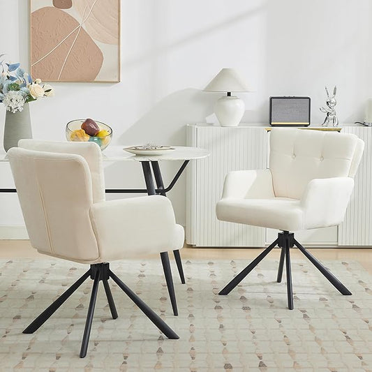 Fabric Dining Chair Set of 2 Modern Upholstered Swivel Dining Room Chairs Comfy Accent Armchair with Mid Back, Desk Arm Chair No Wheels for Kitchen/Living Room/Dining Room, White