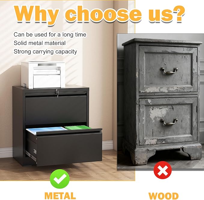 2 Drawer Lateral File Cabinet with Lock, File Cabinet, Metal Lateral Filing Cabinets for Home Office, File Storage Cabinet for Legal/Letter/A4 Documents, Assembly Required (Black, 26'W)